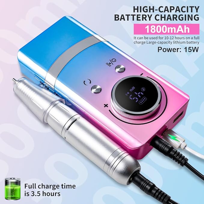 ANRLO Professional Electric Nail Drill, 45000 RPM Cordless Rechargeable E-File Machine, with 12 Bits, Sanding Bands, LCD Display for Acrylic Gel Nails (DMJ-V8-Color-USB)