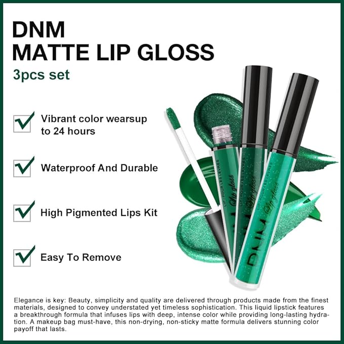 evpct 3Pcs Green Matte Glitter Liquid Lipstick Lip Stain Sets for Women, Matte Shimmer Lipstick Long Lasting Waterproof Permanent 24 Hours original, Magic Lip Sticks Pack for Halloween Daily Makeup