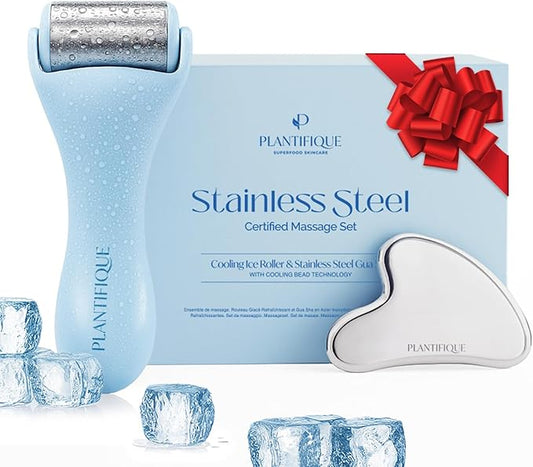 PLANTIFIQUE Facial Ice Roller and Stainless Steel Gua Sha Set - Cryotherapy Skin Care Massage Tools - Metal Massager Set for Puffy Face, Under Eyes and Body