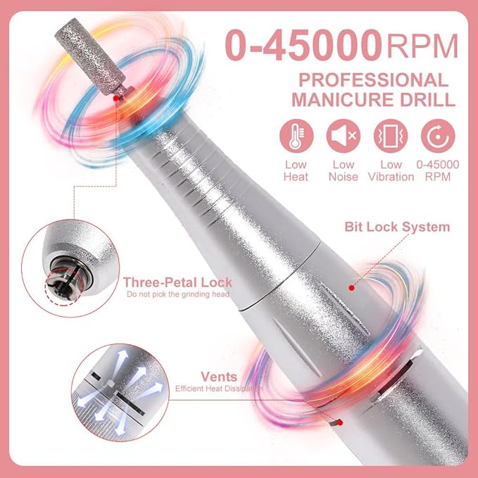 ANRLO Professional Electric Nail Drill, 45000 RPM Cordless Rechargeable E-File Machine, with 12 Bits, Sanding Bands, LCD Display for Acrylic Gel Nails (DMJ-V4-PINK-USB)