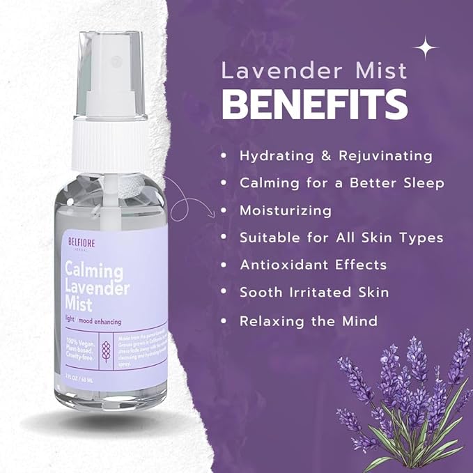 Belfiore Herbal 100% Natural Lavender Mist Spray, Organic Face Body Hair Hydrating Mister, Calming for Better Sleep, Vegan non-GMO, 2 ounce