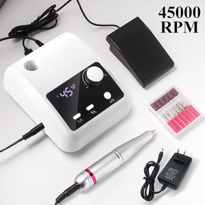 ANRLO Professional Electric Nail Drill, 45000 RPM Cordless Rechargeable E-File Machine, with 12 Bits, Sanding Bands, LCD Display for Acrylic Gel Nails (DMJ-204-White-US)