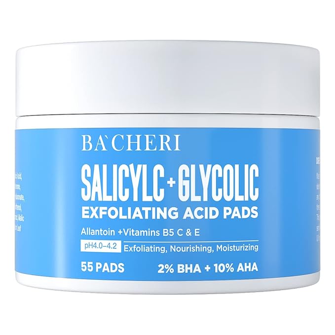 10% Glycolic Acid + 2% Salicylic Acid Peel Pads - BACHERI Resurfacing Pads For Face with Vitamins B5, C & E, Allantoin - Exfoliating Facial Peel for Dark Spots, Blackhead, Acne, 55 Pcs