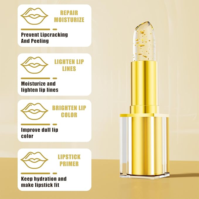 Color Changing Lipstick, Gold Crystal PH Lipstick Color Changing, Clear Lip stick That Changes Color, Long Lasting Moisturizing Tinted Lip Balm, Non-Sticky Formula, Lip Gloss for Women (1pcs, 0.12oz)