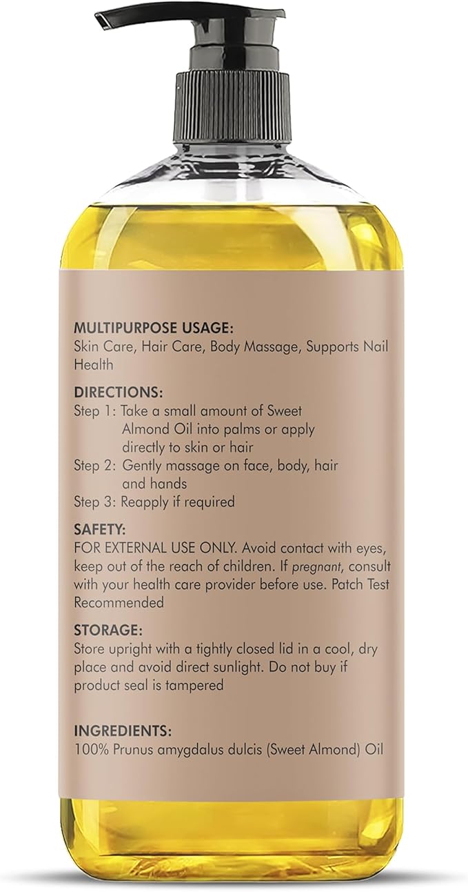 Majestic Pure Sweet Almond Oil - 100% Pure & Natural - Premium Grade, Cold-Pressed, Hexane-Free Carrier Oil for Skin, Hair and Body - Moisturizing Skin, Hair and Scalp - 8 Fl Oz