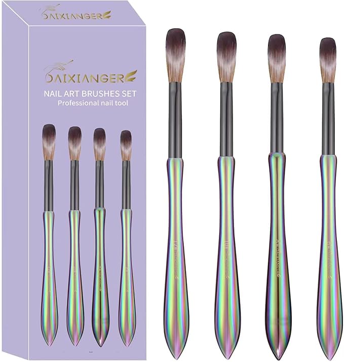 4Pcs Professional Acrylic Nail Brush Set, Size 6/8/10/12, Holographic Gradient Handle Nail Brushes for Acrylic Application Powder & Nail Extension, Nail Carving Tools for DIY Home Salon
