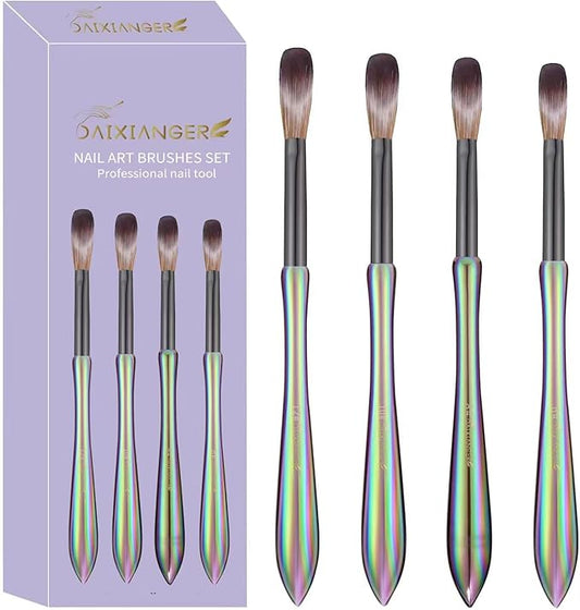 4Pcs Professional Acrylic Nail Brush Set, Size 6/8/10/12, Holographic Gradient Handle Nail Brushes for Acrylic Application Powder & Nail Extension, Nail Carving Tools for DIY Home Salon