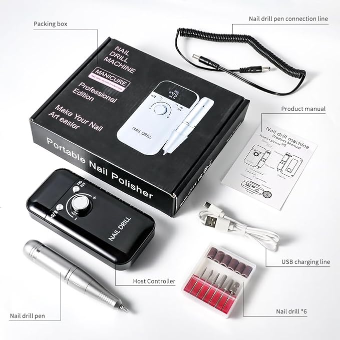 ANRLO Professional Electric Nail Drill, 45000 RPM Cordless Rechargeable E-File Machine, with 12 Bits, Sanding Bands, LCD Display for Acrylic Gel Nails (DMJ-V6-Black-USB)