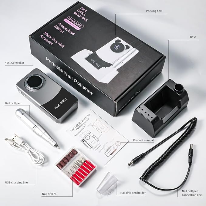 ANRLO Professional Electric Nail Drill, 45000 RPM Cordless Rechargeable E-File Machine, with 12 Bits, Sanding Bands, LCD Display for Acrylic Gel Nails (DMJ-V9-Gray-USB)