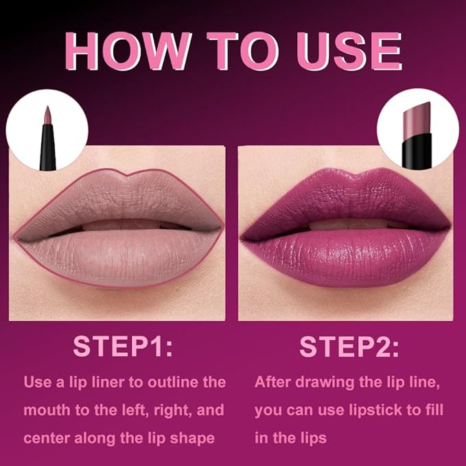 AMY'S DIARY 2Pcs Pink Purple Lipstick and Lip Liner Combo, Lip Liner and Lip Stick Kit for Women, Matte Lip Pencil and Smooth Hydrating Lipstick,Lip Makeup Set (03#Magenta Pink)