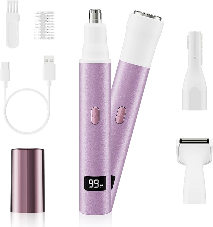 Nose Hair Trimmer for Women, 4-in-1 Electric Eyebrow Trimmer with LED Display, Painless & Waterproof Facial Hair Removal, USB-C Rechargeable Hair Shaver Razor for Nose Ear Eyebrow Peach-Fuzz Lips Chin