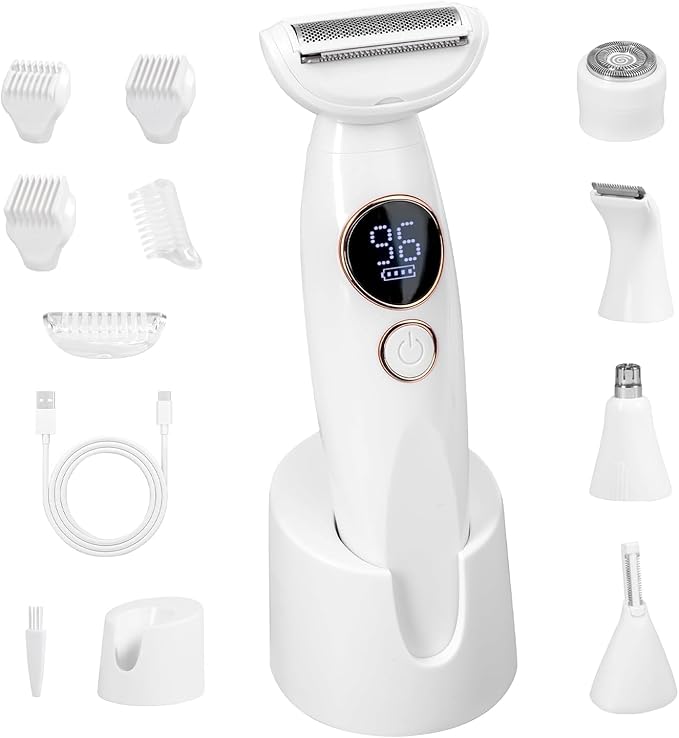 Bikini Trimmer for Women, Electric Razors for Silk Skin 5-in-1, IPX7 Waterproof, USB Rechargeable, Electric Razors for Women for Face, Eyebrows, Body, Bikini Zone with Charging Station