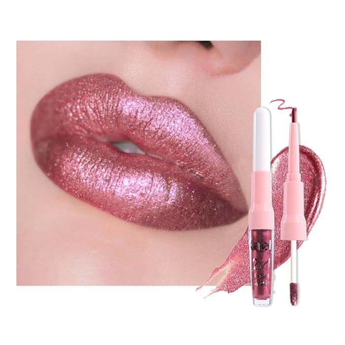 Kaely 2-in-1 Light Plum Red Metallic Lipstick and Lip Liner Makeup, Shimmer Liquid Metallic Lipsticks for Women, Glitter Lip Gloss Stain Long Lasting Waterproof Smudge Proof 24 Hour, Cruelty-Free 28