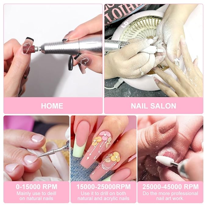 ANRLO Professional Electric Nail Drill, 45000 RPM Cordless Rechargeable E-File Machine, with 12 Bits, Sanding Bands, LCD Display for Acrylic Gel Nails (DMJ-V2-USB-PINK)