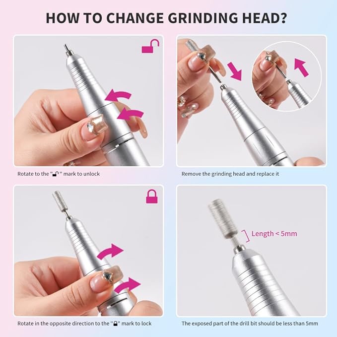 ANRLO Professional Electric Nail Drill, 45000 RPM Cordless Rechargeable E-File Machine, with 12 Bits, Sanding Bands, LCD Display for Acrylic Gel Nails (DMJ-V7-Color-USB)