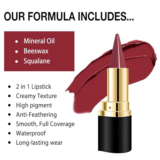 evpct Dark Red Gradient Matte Lipstick Lip Liner Crayon Combo Pencil Set for Women Long Lasting Waterproof, Oxblood Red Matte Cream Lip Liner and Lipstick Combo Makeup, Flawless Gradual Ombre Effect