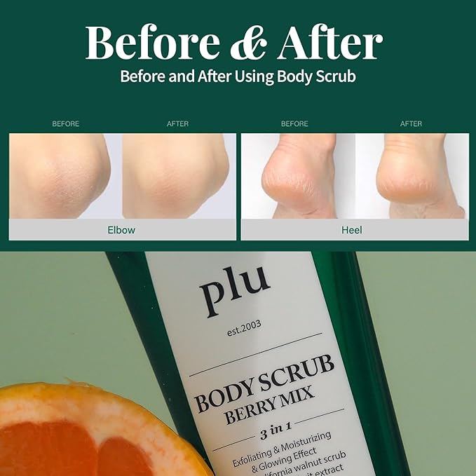 PLU Korean Original Walnut Body Scrub Polish - Berry Mix - Exfoliating, Hydrating & Smoothing for Radiant Skin Texture - Sweet Raspberry & Acai Berry Scent, 6,76 oz.