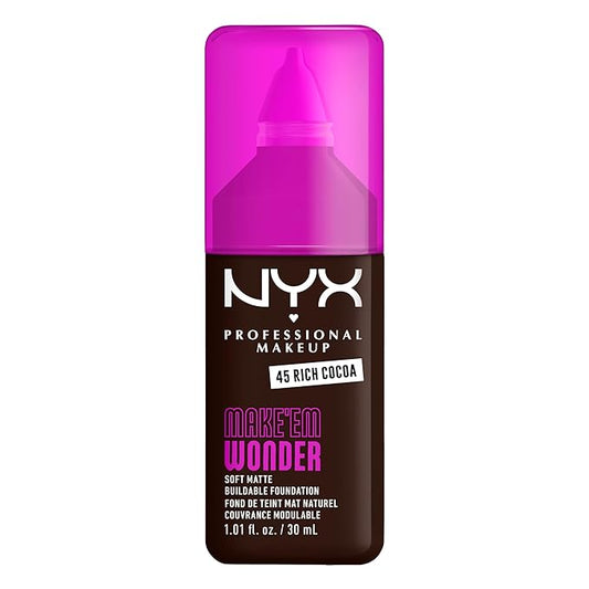 NYX PROFESSIONAL MAKEUP Make 'Em Wonder Liquid Foundation, 24HR Foundation Makeup With A Soft Matte Finish, Buildable Full Coverage - 45 Rich Cocoa