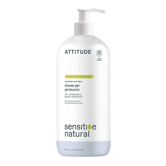 ATTITUDE Body Wash for Sensitive Skin, EWG Verified Shower Gel, Soothing Oat, Dermatologically Tested, Plant and Mineral-Based, Vegan Personal Care, Unscented, 32 Fl Oz