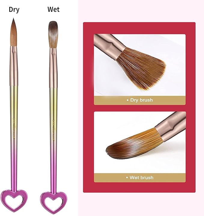 3Pcs Professional Acrylic Nail Brush Set, Size 8/10/14, Gradient Handle Heart-Shaped Nail Brushes for Acrylic Application Powder & Nail Extension, 3D Nail Carving Tools for DIY Home Salon
