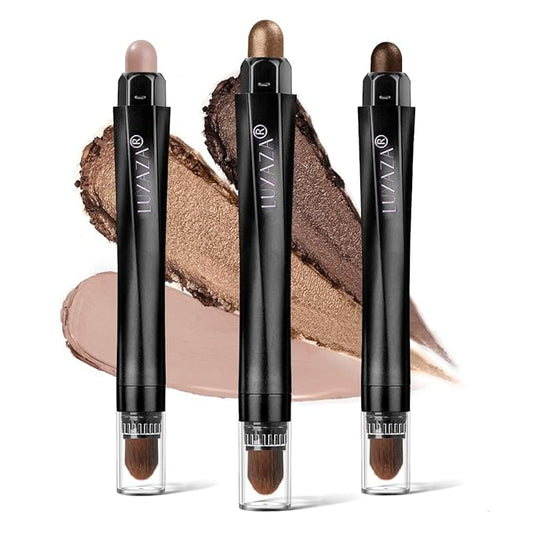 3Pcs Eyeshadow Stick Set, Matte And Shimmer Creamy Eyeshadow Pencil, Brown Gold Nude Shadow Stick Set, Waterproof Long Lasting Smoky Eye Makeup…
