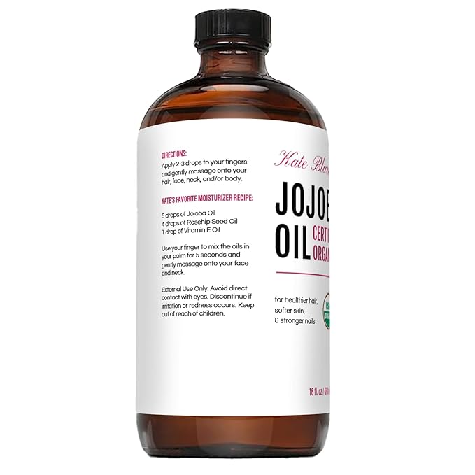 Kate Blanc Cosmetics Organic Jojoba Oil for Hair, Skin & Face (16oz, 100% Pure, Cold Pressed, Natural, Hexane Free, Glass Bottle)