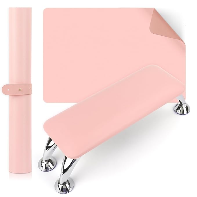 Nail Arm Rest for Acrylic Nails with Nail Table Mat, Microfiber Leather Nail Hand Rest Cushion for Nails, Soft Hand Pillow Footstool with Foldable Nail Art Hand Rest Pad for Nail Tech Use (Pink)