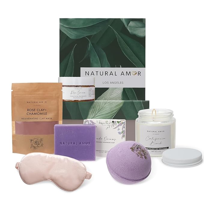 Natural Amor Spa Gift Set for Women 6 PCS– Relaxation Kit with Handmade Soap, Bath Bombs, Candle, Christmas Gift Box for Her, Self Care Birthday Gifts