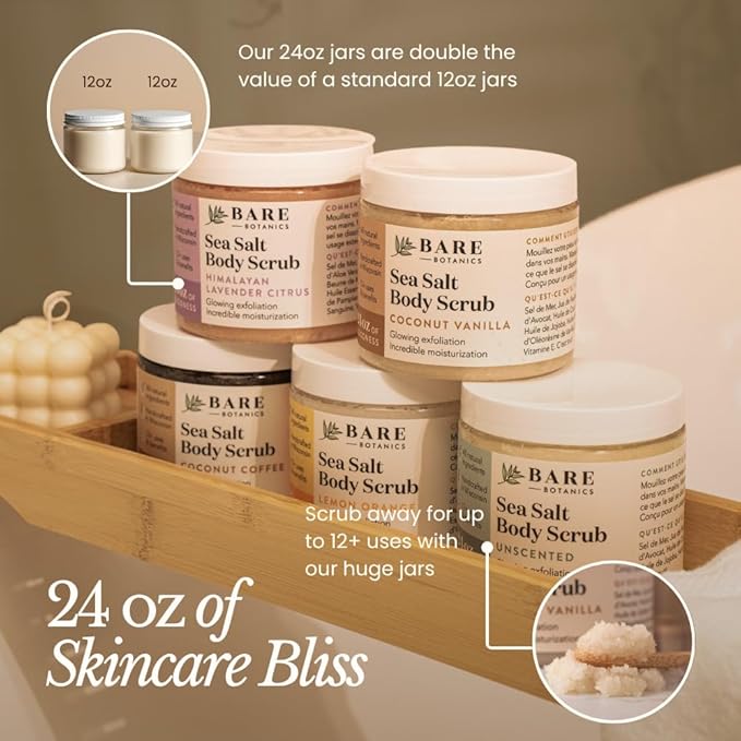 Bare Botanics Vanilla Hazelnut Coffee Body Scrub 24 oz - Naturally Scented Sea Salt Scrub Made in Madison, WI - Formulated w/Skin Loving Moisturizers - Vegan, Cruelty Free w/a Cute Wooden Spoon