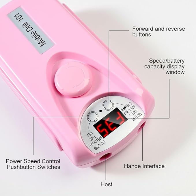 ANRLO Professional Electric Nail Drill, 45000 RPM Cordless Rechargeable E-File Machine, with 12 Bits, Sanding Bands, LCD Display for Acrylic Gel Nails (DMJ-101-Pink-USB)