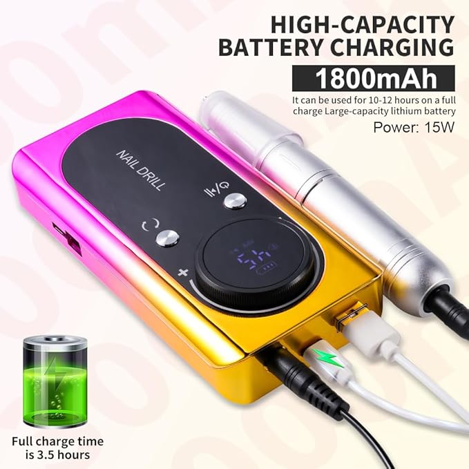 ANRLO Professional Electric Nail Drill, 45000 RPM Cordless Rechargeable E-File Machine, with 12 Bits, Sanding Bands, LCD Display for Acrylic Gel Nails (DMJ-V2-Gold-USB)