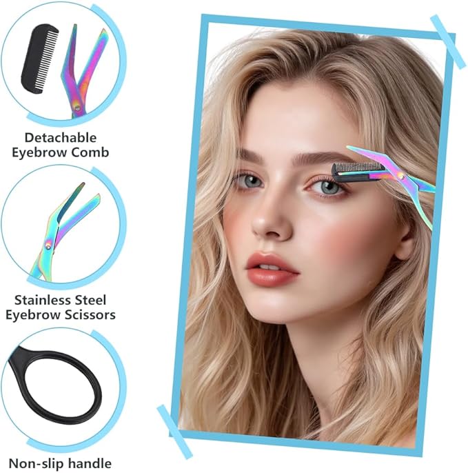 2 in 1 Eyebrow Scissors with Comb, Precision Stainless Steel Eyebrow Trimmer Cutter, Non-Slip Grooming Scissors for Men & Women, Portable Facial Hair Removal Makeup Tool (White, 3Pcs)