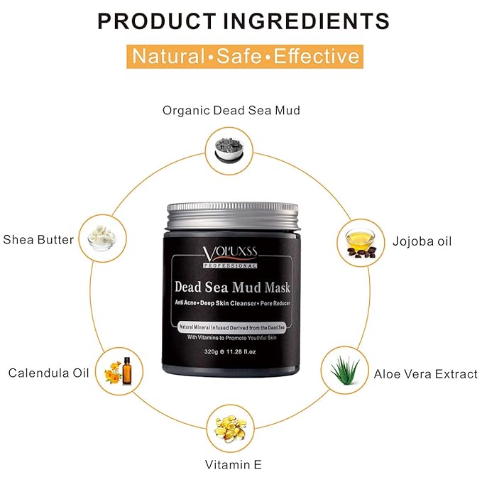 Voluxss Dead Sea Mud Mask for Face and Body,Deep Cleansing Face Mask for Acne,Pore Minimizer,Natural Skincare Charcoal Blackheads Remover,Skincare Spa Clay Facial Mask for Women & Men 11.28fl.oz
