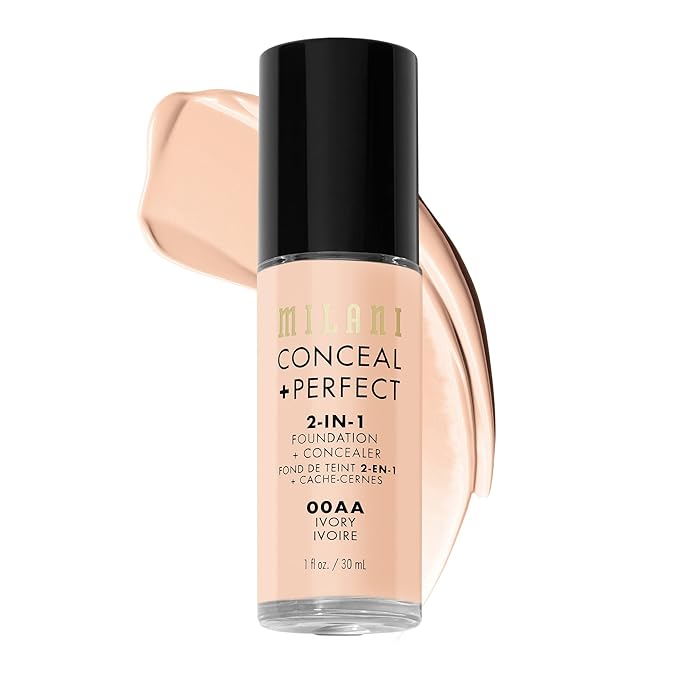 Milani Conceal + Perfect 2-in-1 Foundation + Concealer for a Flawless Complexion, Under Eye Corrector, Cover Redness and Imperfections, Waterproof and Sweatproof - Ivory