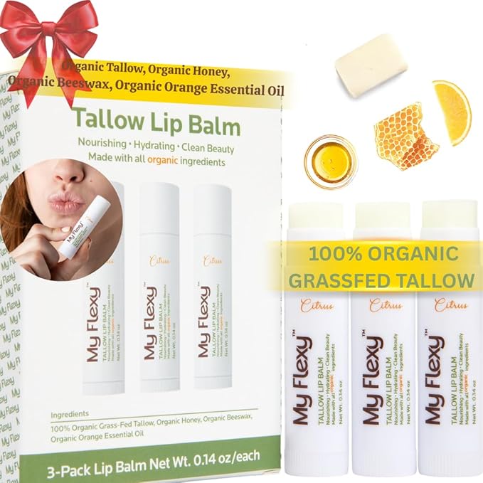 100% Organic Lip Balm Hydrating, Grass-Fed Beef Tallow Lip Balm, Made with Pasture Raised Tallow, Honey, Beeswax, & Orange Essential Oil, Lip Balms & Moisturizers - Bulk Pack of 3