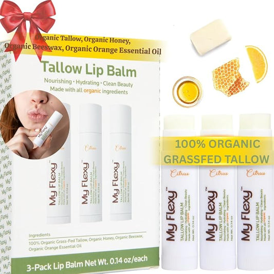 100% Organic Lip Balm Hydrating, Grass-Fed Beef Tallow Lip Balm, Made with Pasture Raised Tallow, Honey, Beeswax, & Orange Essential Oil, Lip Balms & Moisturizers - Bulk Pack of 3