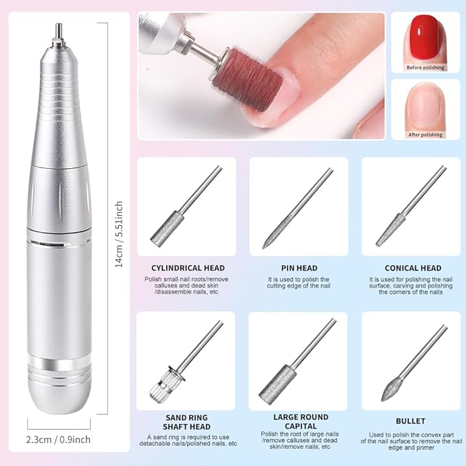 ANRLO Professional Electric Nail Drill, 45000 RPM Cordless Rechargeable E-File Machine, with 12 Bits, Sanding Bands, LCD Display for Acrylic Gel Nails (DMJ-V7-Color-USB)