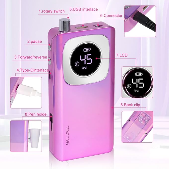 ANRLO Professional Electric Nail Drill, 45000 RPM Cordless Rechargeable E-File Machine, with 12 Bits, Sanding Bands, LCD Display for Acrylic Gel Nails (DMJ-V4-purple-USB)
