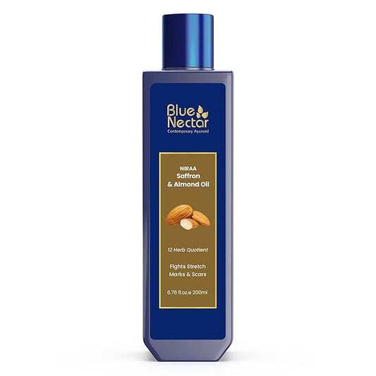 Blue Nectar Saffron & Almond Oil, Ayurveda Product for Crepey Skin | Skin Firming Body Oil for Stretch Marks (12 Herbs, 6.76 Fl Oz)