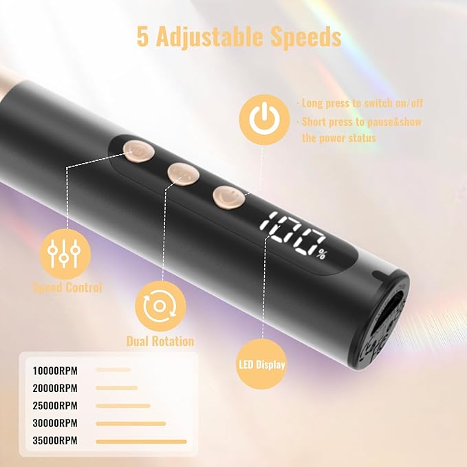 Denabuty Cordless Electric Nail Drill File: 35000RPM Professional Nail Drill Machine with UV LED Nail Lamp Charging Base, Manicure Pedicure Kit E File for Acrylic Gel Dip Powder Polish Black