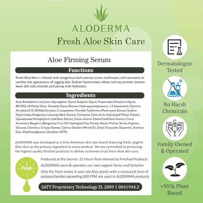 Aloderma Firming Face Serum with 63% Organic Aloe Vera - Age-Defying Face Plumping Serum for Radiant Skin - Tighten Skin, Reduce the Appearance of Fine Lines & Wrinkles with Hyaluronic Acid, 1.7 Oz