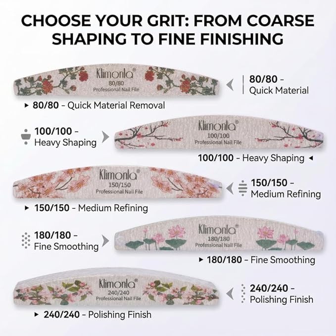 50PCS Floral Professional Nail Files 80/100/150/180/240 Grit, Emery Boards Nail Files for Natural Nails and Acrylic Nails, Double Sided Emory Boards limas para unas acrilicas Reusable Manicure Tools