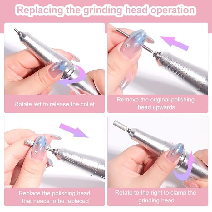 ANRLO Professional Electric Nail Drill, 45000 RPM Cordless Rechargeable E-File Machine, with 12 Bits, Sanding Bands, LCD Display for Acrylic Gel Nails (DMJ-V6-PINK-USB)