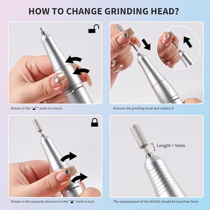 ANRLO Professional Electric Nail Drill, 45000 RPM Cordless Rechargeable E-File Machine, with 12 Bits, Sanding Bands, LCD Display for Acrylic Gel Nails (DMJ-V8-Color-USB)
