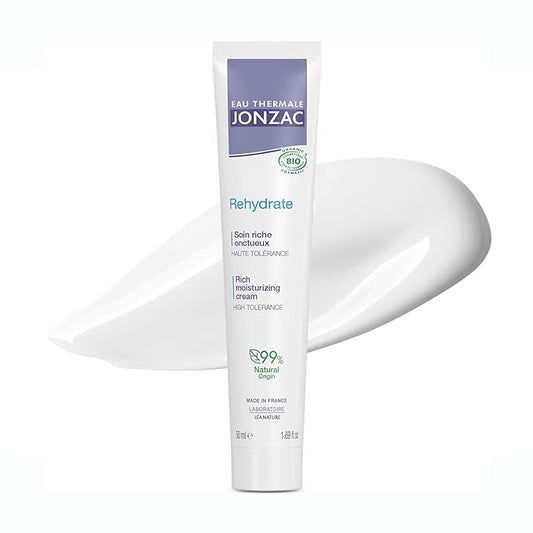 JONZAC Eau Thermale Rehydrate Organic Rich Sensitive Moisturizing Facial Cream - Intense 24hr Hydration, Shea Butter & Natural Hyaluronic Acid - Clinically Proven Skincare, All Skin Types, 1.69 Fl Oz