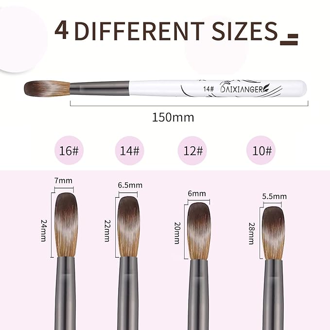 DAIXIANGER 4Pcs Acrylic Nail Brush Set, Size 10/12/14/16, Professional Nail Brushes for Acrylic Application Powder & Nail Extension, 3D Nail Carving Tools for DIY Home Salon Manicure-White