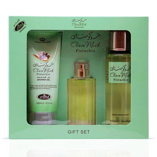 Al-Rehab Choco Musk Pistachio 3-Piece Gift Set – Eau de Parfum 50ml + Shower Gel 200ml + Body Mist 250ml – Pistachio & Vanilla Unisex Collection