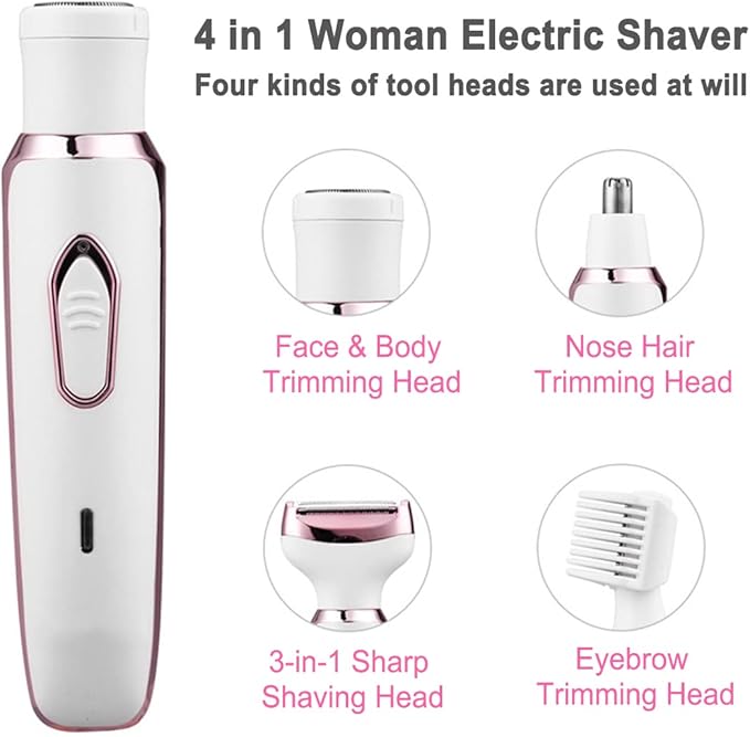 ANFOOS Electric Razor for Women,Hair Trimmer for Face Nose Eyebrow Beard Mustache Arm Leg Armpit Bikini,Painless Rechargeable Portable 4 in 1 Womens Body Shavers Set