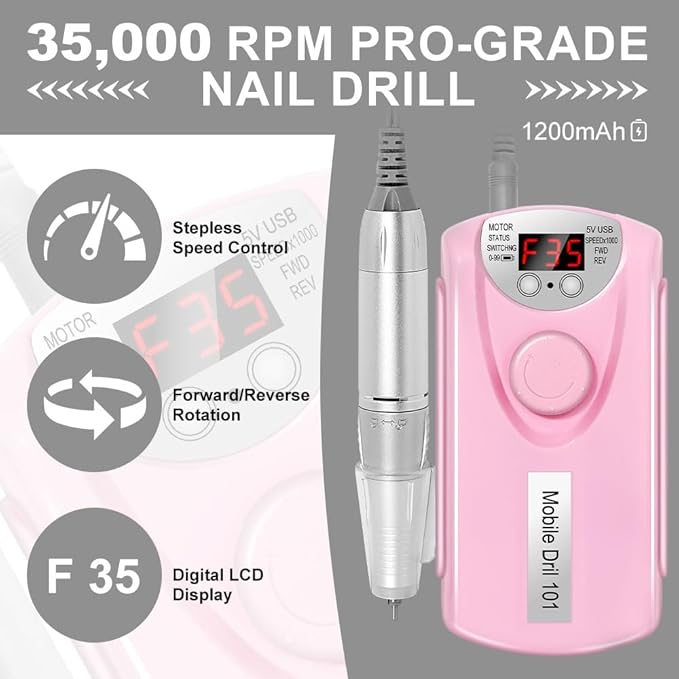 ANRLO Professional Electric Nail Drill, 45000 RPM Cordless Rechargeable E-File Machine, with 12 Bits, Sanding Bands, LCD Display for Acrylic Gel Nails (DMJ-101-Pink-USB)