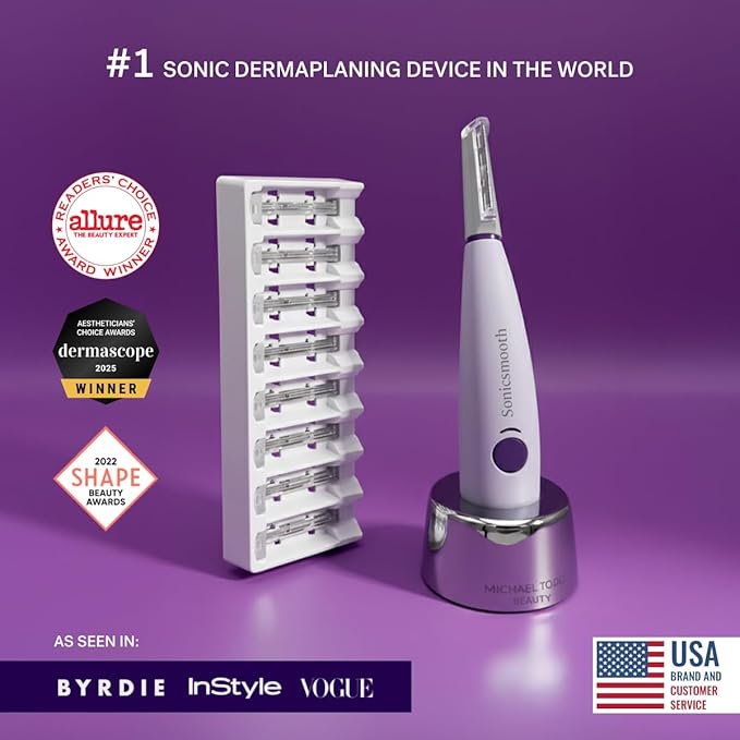 Michael Todd Beauty Sonicsmooth Dermaplane Razor for Women Face + Eyebrow trimmer Dermaplaning System - Peach Fuzz Remover - 8 Weeks of Dermaplaning Blades